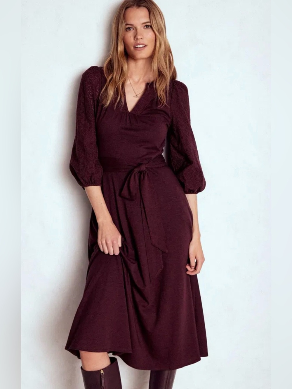 Boden • Eden Broderie Jersey Midi Dress • Plum Eyelet • Size 10